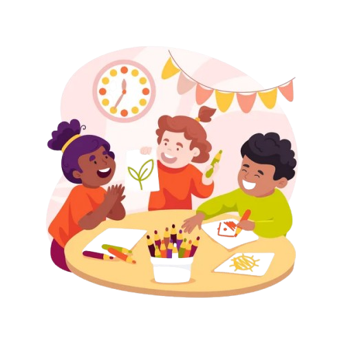 Three children sitting around a table, smiling and talking while they work together on drawings with colorful markers.