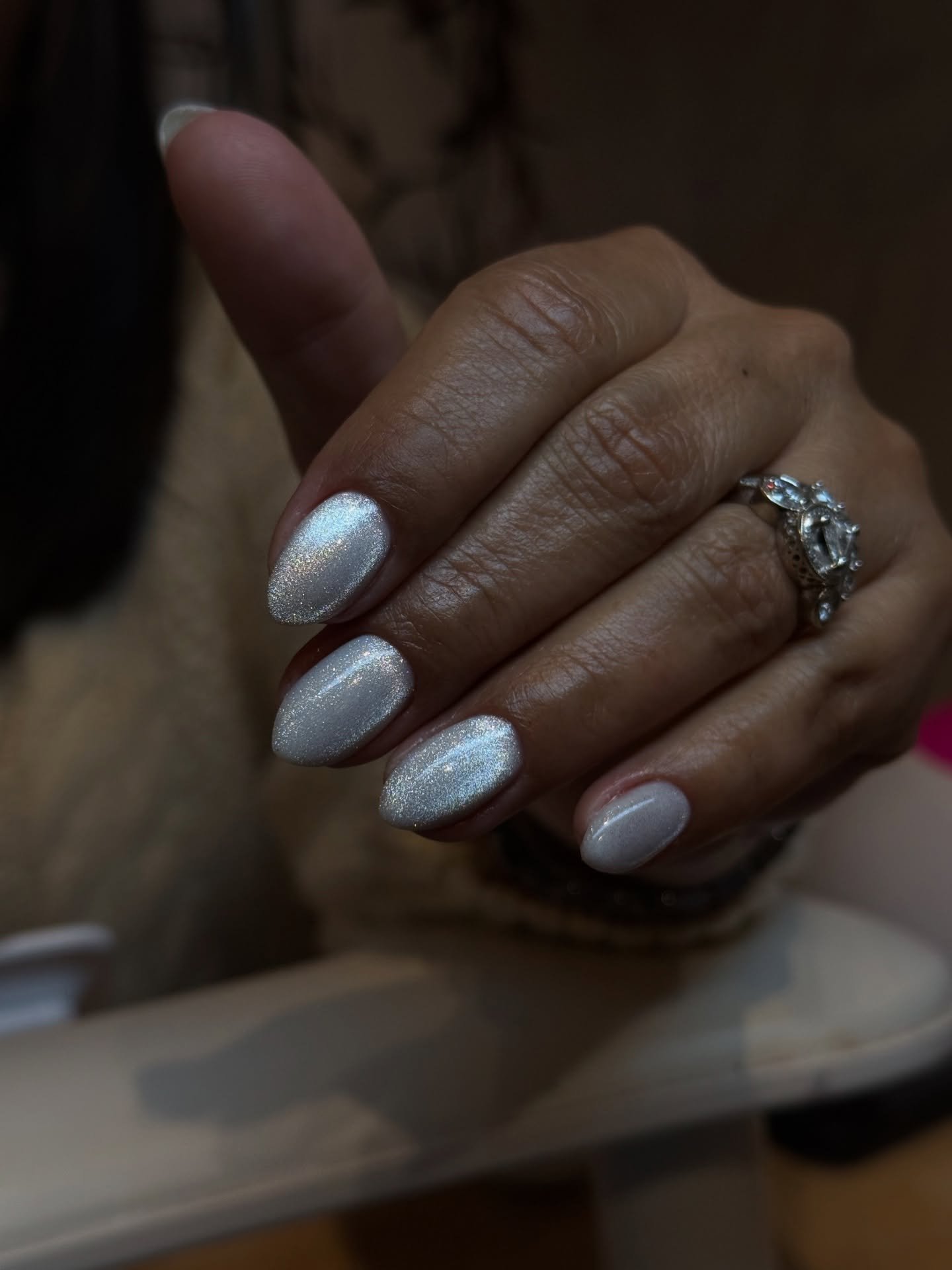 Obsessed with the way this silver cat eye glimmers like diamonds 💎🤩🌌 Done by Anastasia 
&bull;
#russianmanicuredenver #russianmanicure #denvernailsalon #denvernailartist #denvernailart