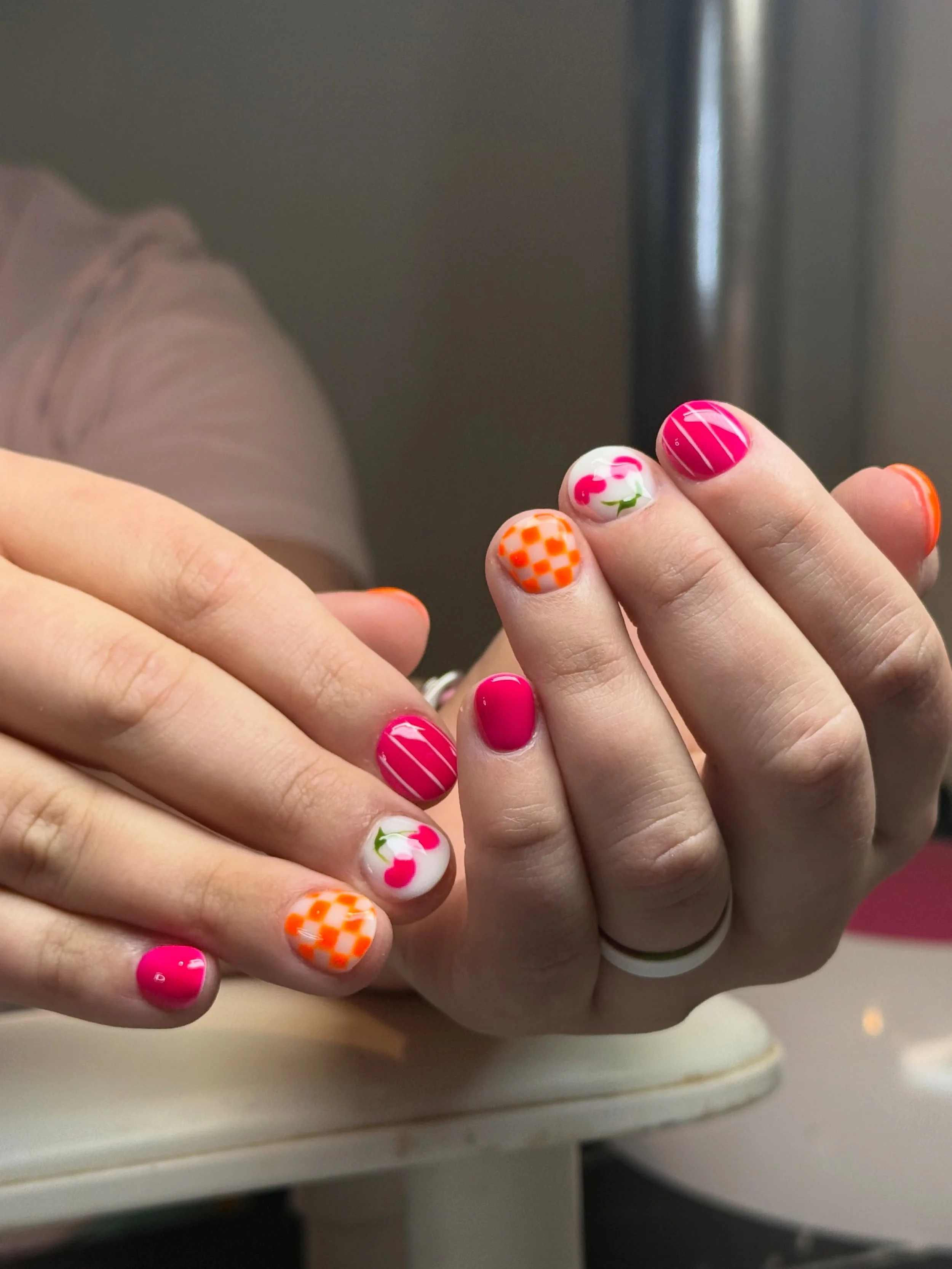 Cherries &amp; checkers🧡🍒💕🏁 a super cute set for the summer! Done by Lera 
&bull;
#russianmanicuredenver #denvernailsalon #denvernails #denvernailtech #denvernailartist