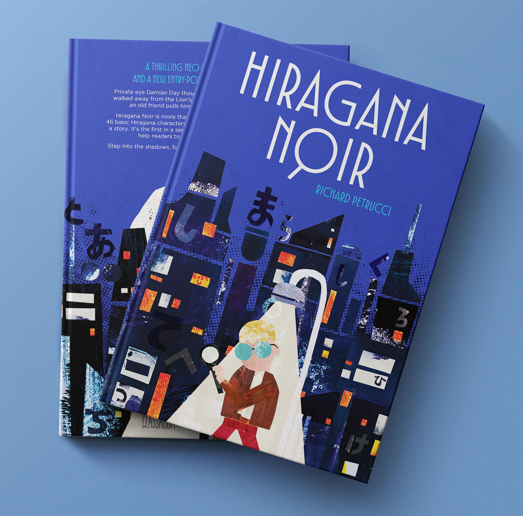 Close-up of two blue book covers with abstract cityscape illustrations and a cartoon character with sunglasses on one cover.