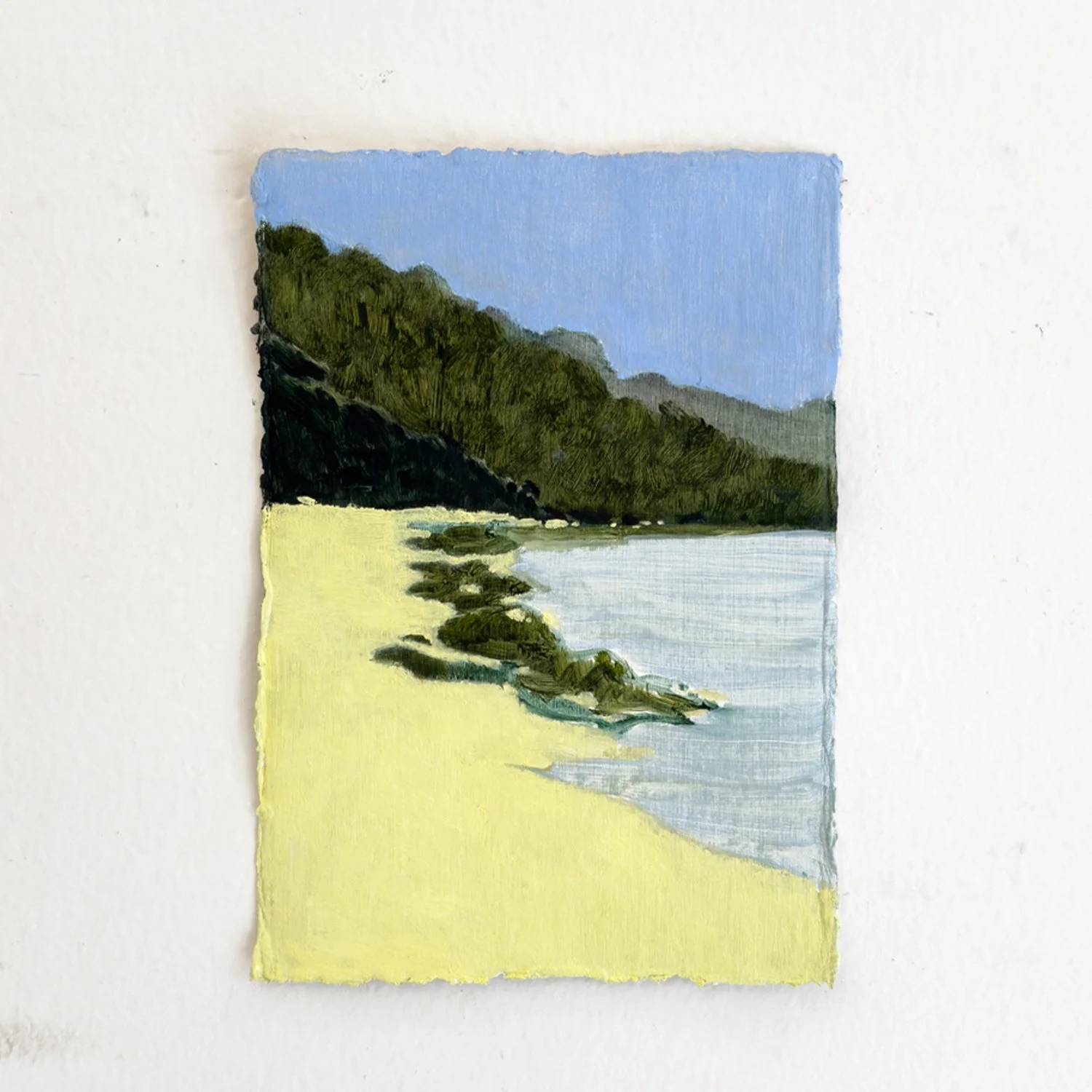 Green Rocks On the Shore, oil on Khadi paper, 15.5 x 21.5 cm, 2025