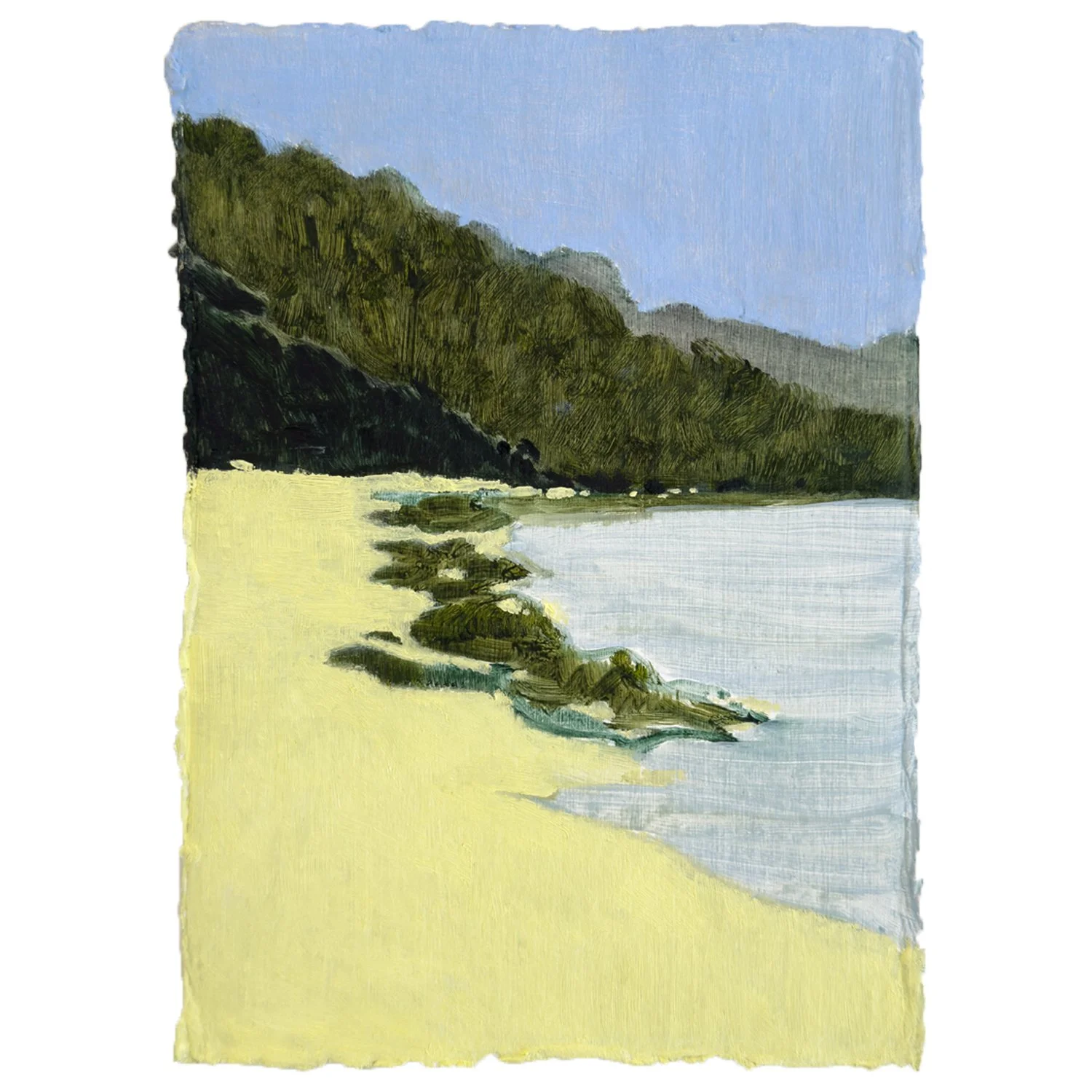 Green Rocks on The Shore, oil on Khadi paper, 15.5 x 21.5 cm, 2025