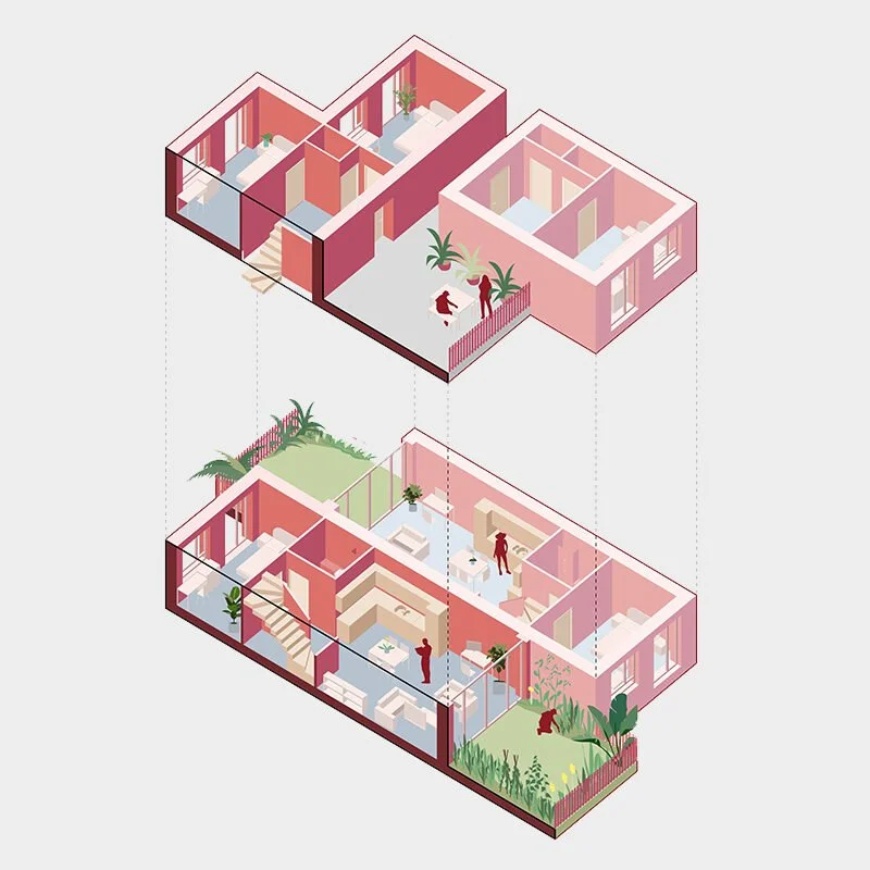 Isometric view of a multi-level house with separate rooms on each floor, including bedrooms, bathrooms, and living spaces. The design features people and plants, illustrating an open and interconnected layout. The structure shows various interior elements and stairs connecting the floors.