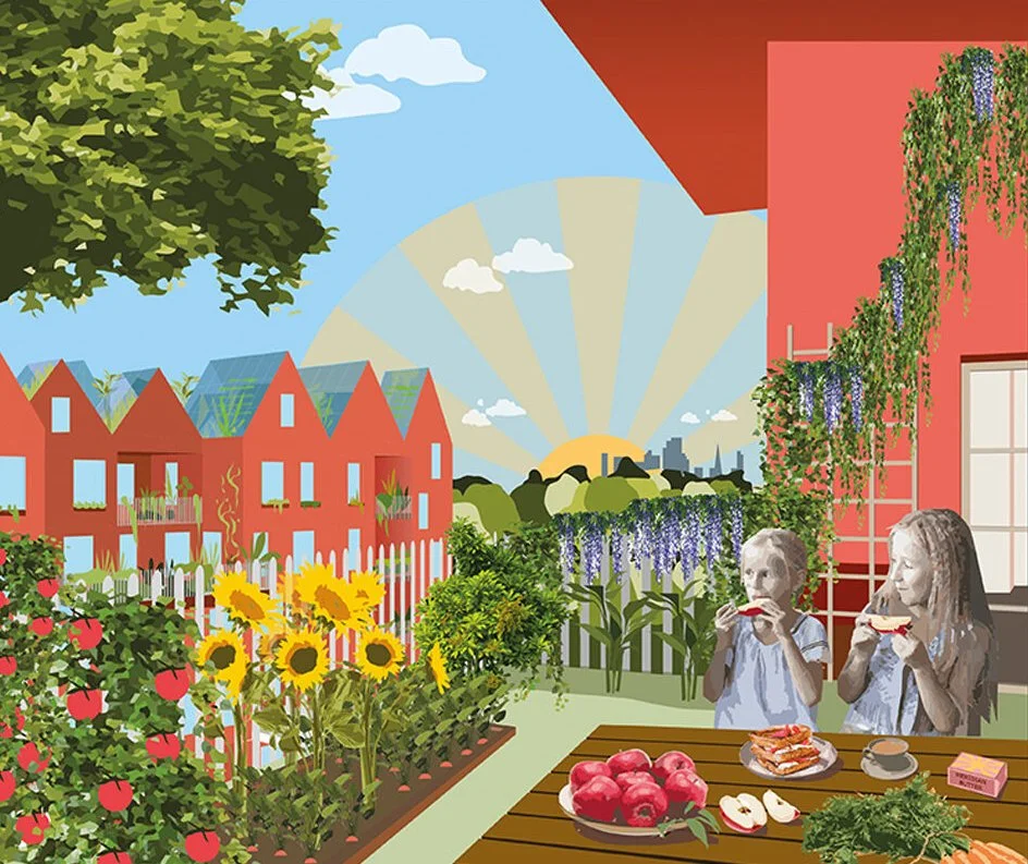 Illustration of a vibrant garden scene with two children eating watermelon slices at a table. The garden features sunflowers, apple trees, and other plants. Red houses with greenery on the roofs are in the background under a sunny, blue sky.