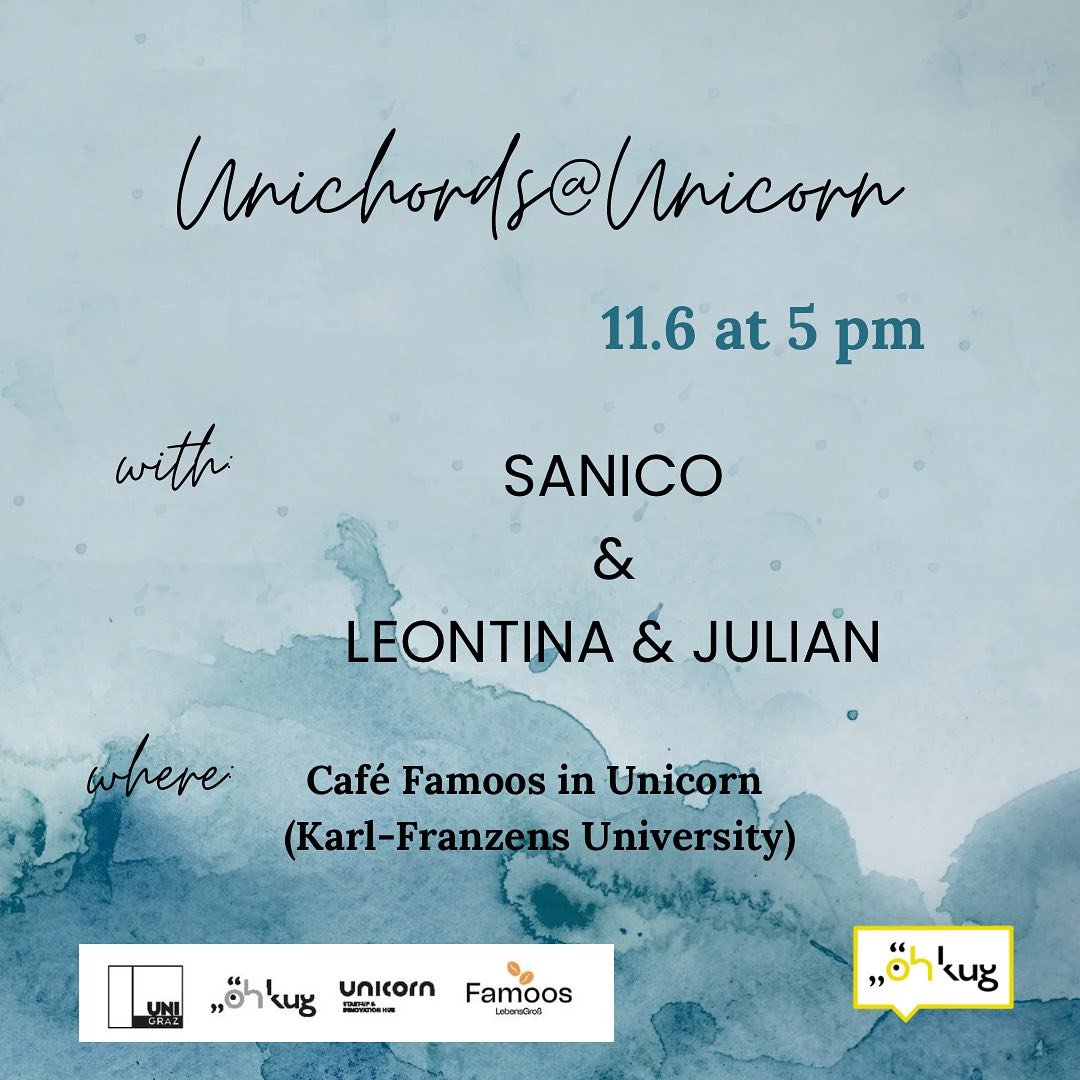 We continue our Unichords@Unicorn concert series with the last concert of the semester 🌟🥳

With us at Cafe Famos @famoos_unicorn will be:
@sanico_music and Leontina &amp; Julian

Entrence is free and we can&rsquo;t wait to see you there, next week 
