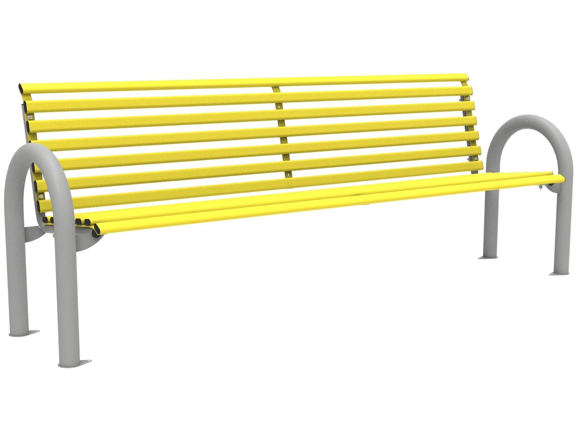 Panchina Londra con supporti laterali curvati grigio pietra e seduta, composta da 14 profili, giallo zinco.