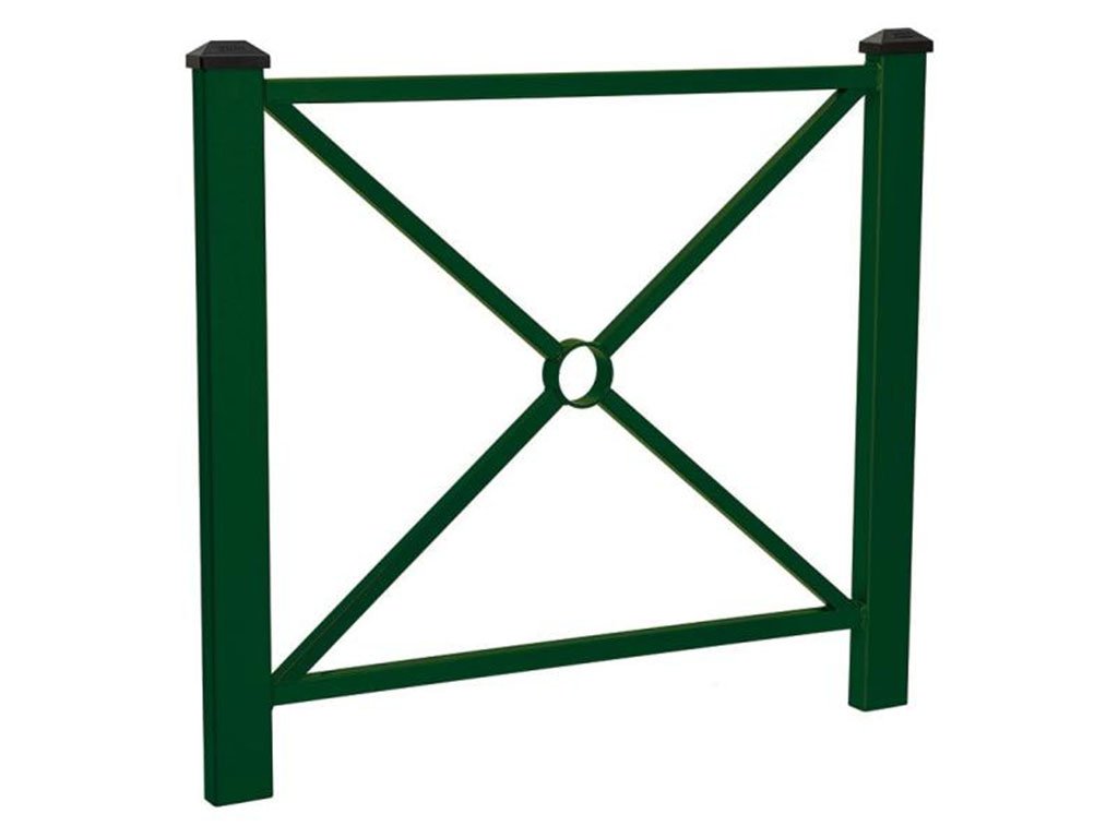 Transenna modello Pagoda sostenuta da due montanti in tubo quadro con alla sommità due terminali "a diamante" in fusione d' alluminio verde 1072mm
