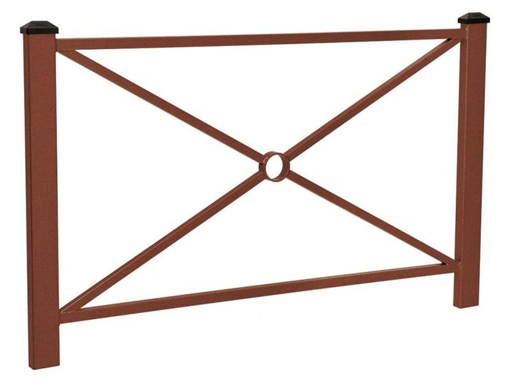 Transenna modello Pagoda sostenuta da due montanti in tubo quadro con alla sommità due terminali "a diamante" in fusione d' alluminio effetto corten 1572mm