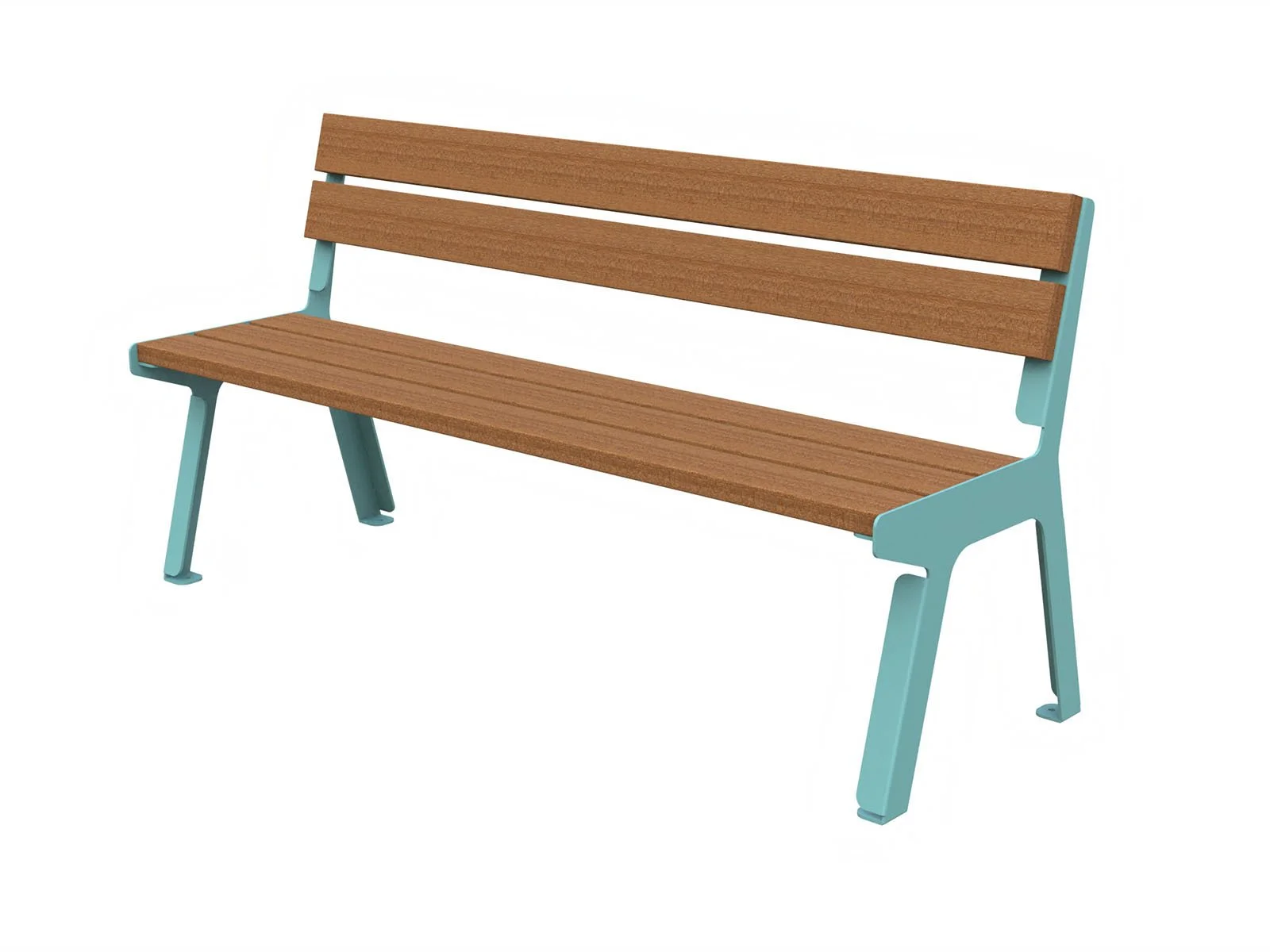 Panchina urbana di Lazzari Srl dal design contemporaneo in lamiera tagliata laser e doghe in legno di okumè, ideale per spazi pubblici e arredi outdoor moderni.