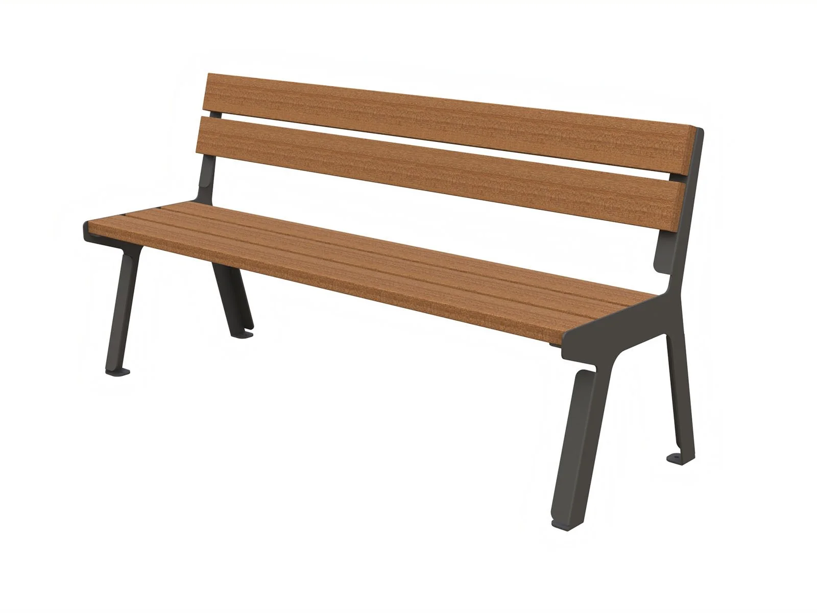 Panchina urbana di Lazzari Srl dal design contemporaneo in lamiera tagliata laser e doghe in legno di okumè, ideale per spazi pubblici e arredi outdoor moderni.