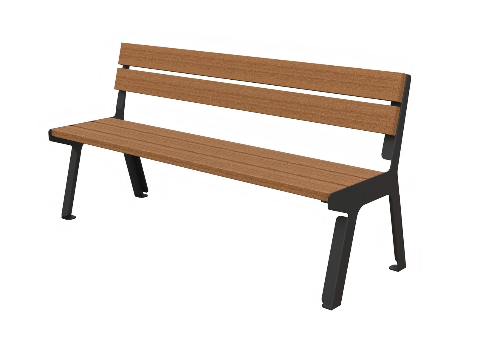 Panchina urbana di Lazzari Srl dal design contemporaneo in lamiera tagliata laser e doghe in legno di okumè, ideale per spazi pubblici e arredi outdoor moderni.