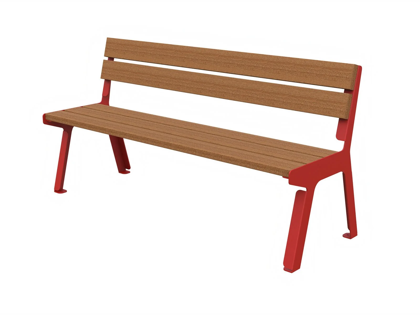 Panchina urbana di Lazzari Srl dal design contemporaneo in lamiera tagliata laser e doghe in legno di okumè, ideale per spazi pubblici e arredi outdoor moderni.