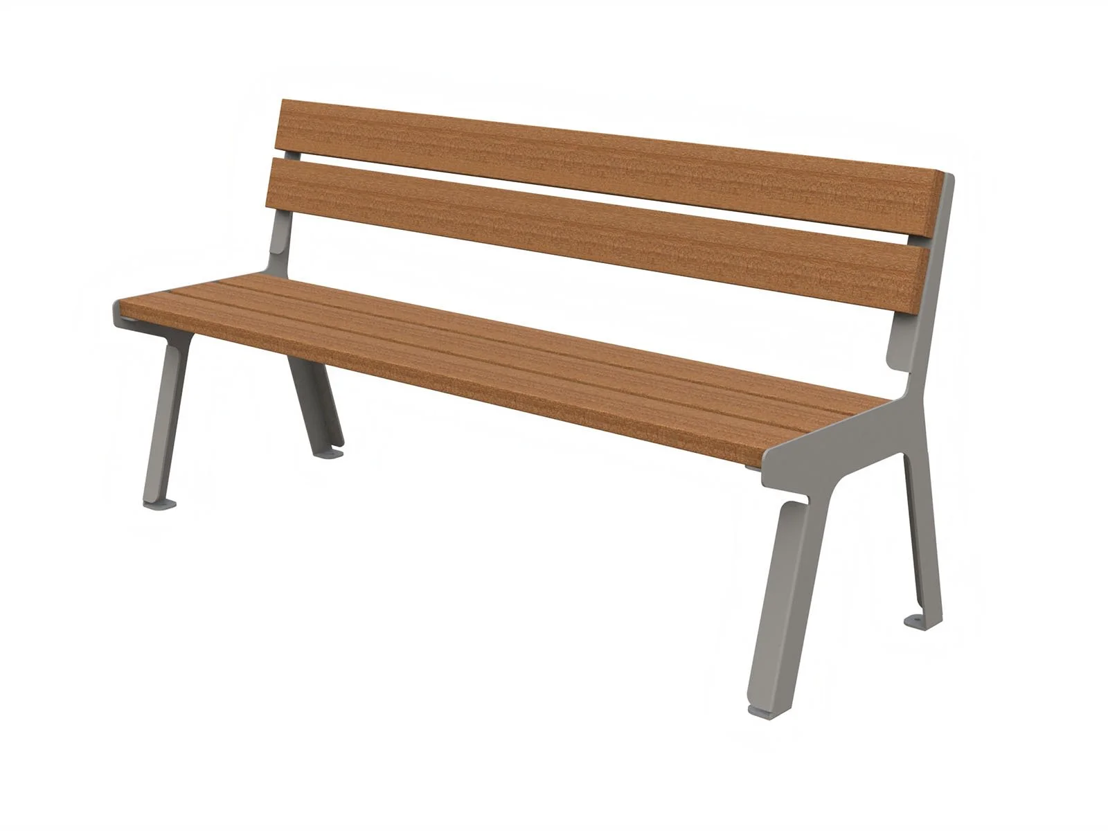 Panchina urbana di Lazzari Srl dal design contemporaneo in lamiera tagliata laser e doghe in legno di okumè, ideale per spazi pubblici e arredi outdoor moderni.