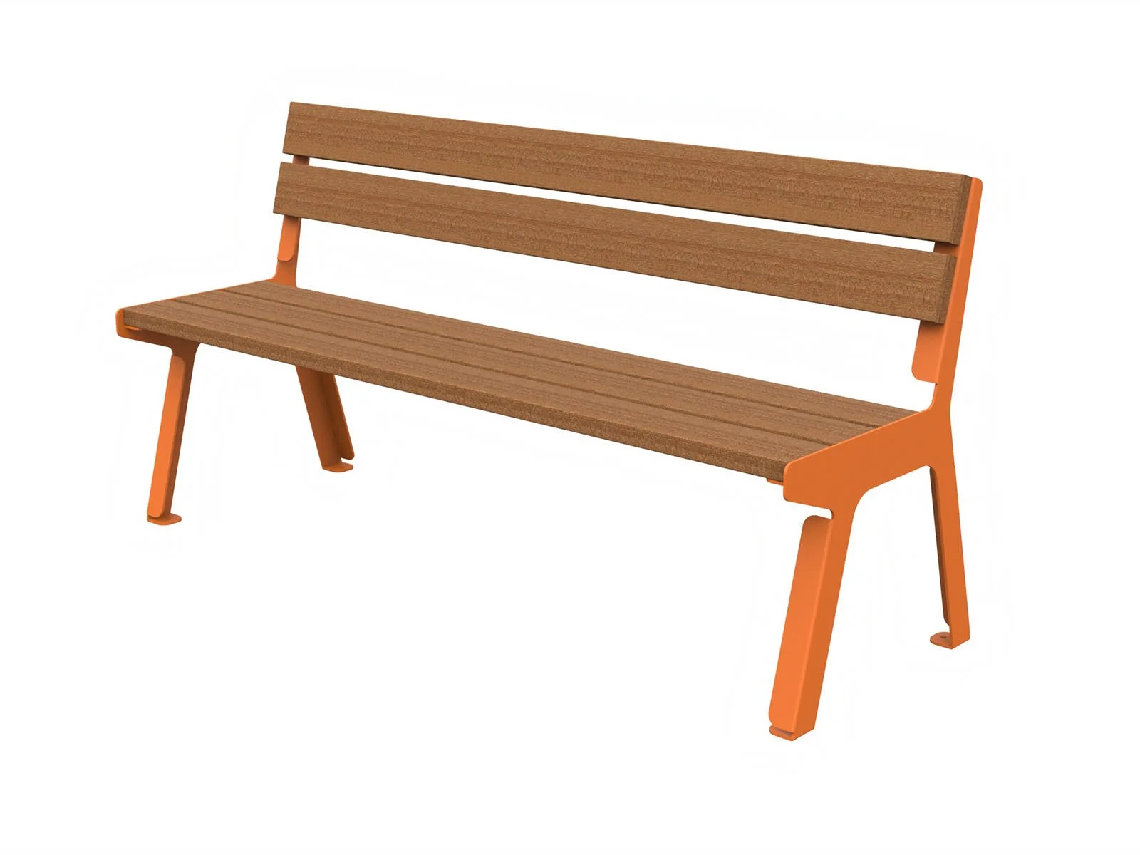 Panchina urbana di Lazzari Srl dal design contemporaneo in lamiera tagliata laser e doghe in legno di okumè, ideale per spazi pubblici e arredi outdoor moderni.