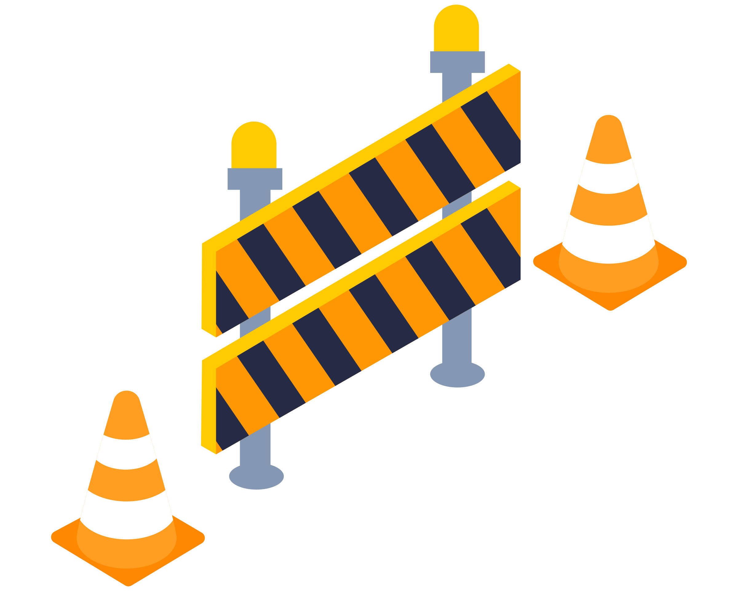 Segnale di lavori stradali con barriere e coni stradali arancioni e bianchi.