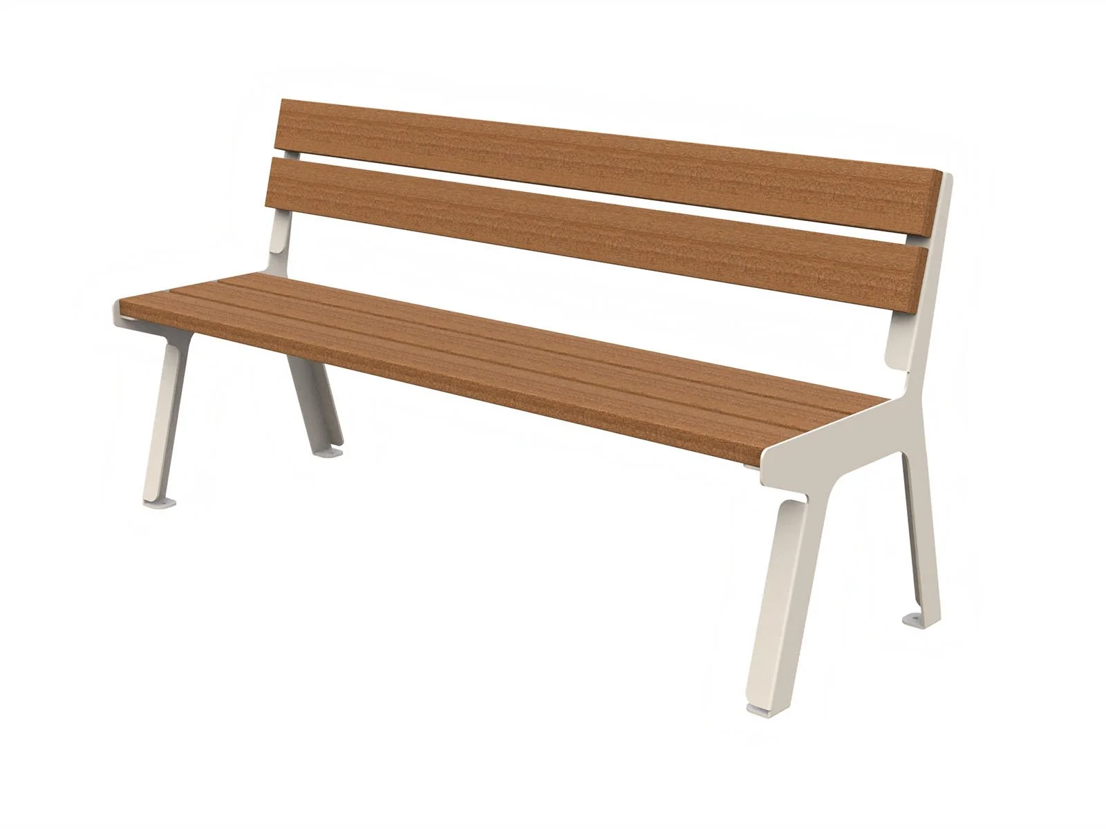 Panchina urbana di Lazzari Srl dal design contemporaneo in lamiera tagliata laser e doghe in legno di okumè, ideale per spazi pubblici e arredi outdoor moderni.