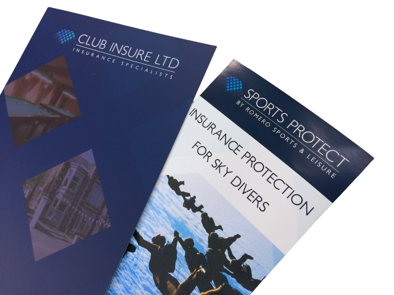 Brochures for Club Insure Ltd and Sports Protect, featuring skydiving images.