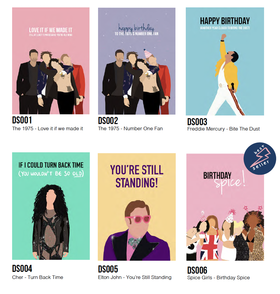 Six illustrated birthday cards featuring music artists and groups, including The 1975, Freddie Mercury, Cher, Elton John, and Spice Girls, with colorful backgrounds and celebratory messages.