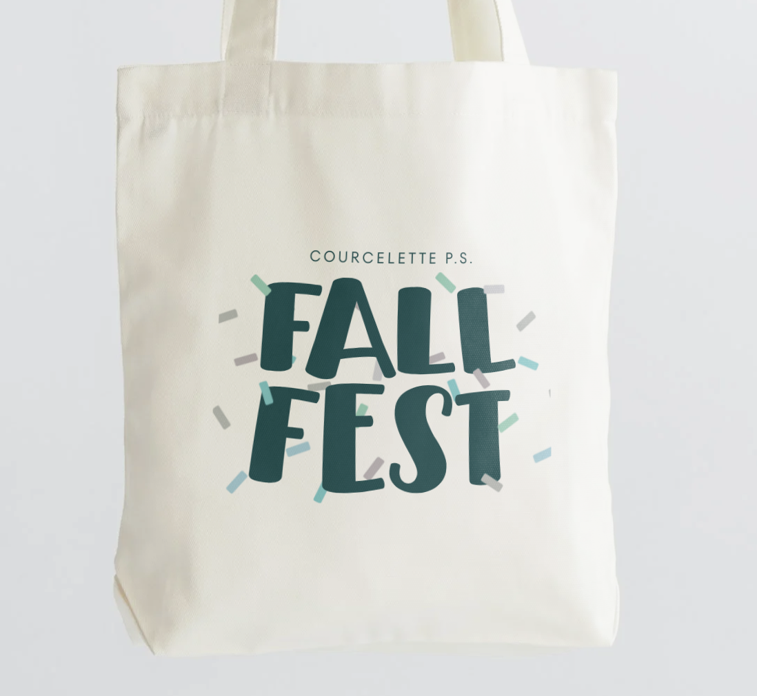 White tote bag with a fall-themed design that says 'Fall Fest' and 'Courcelle P.S.' in green and blue lettering, with confetti graphics around the text.