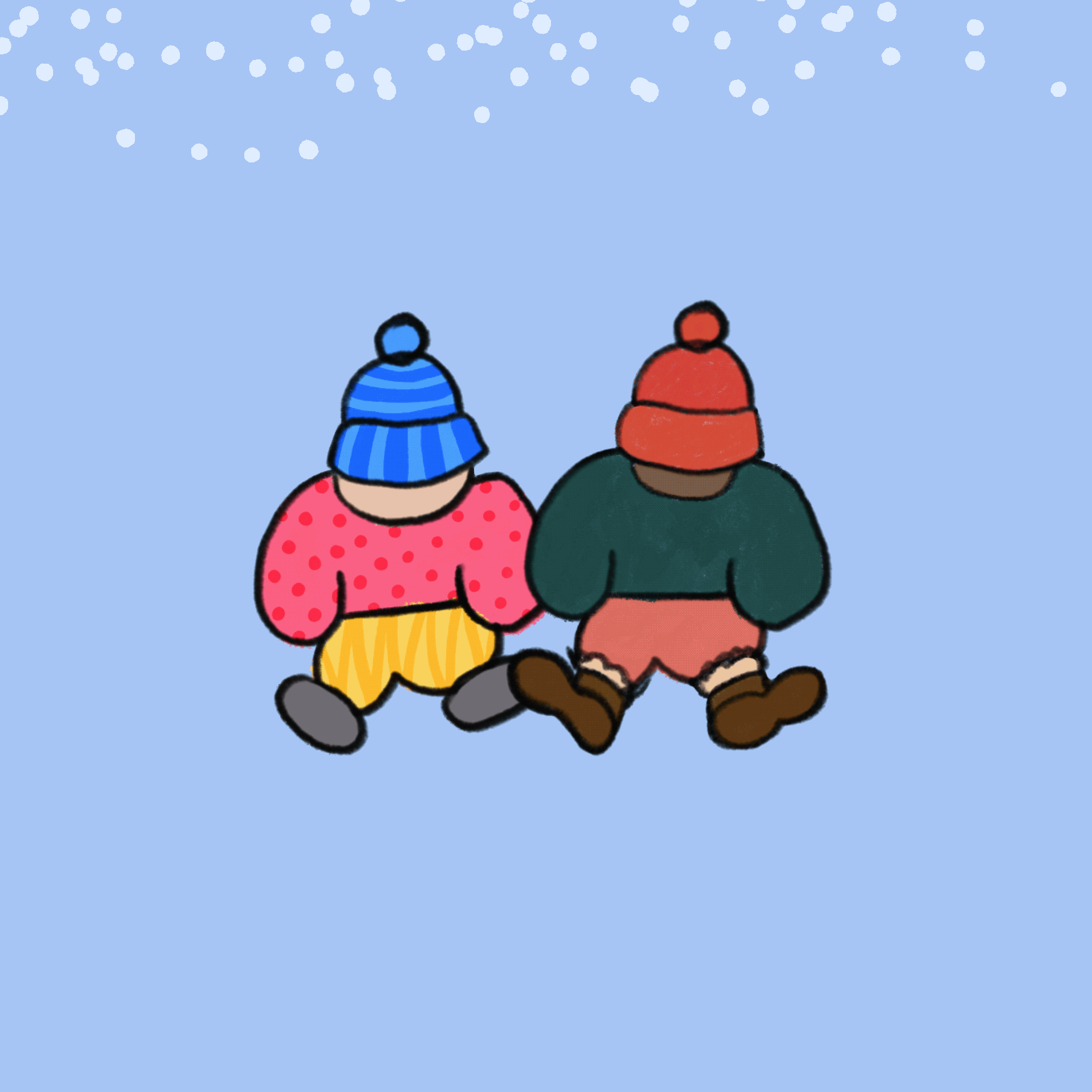 Two children dressed in winter clothing, sitting on snow with their backs facing the viewer.