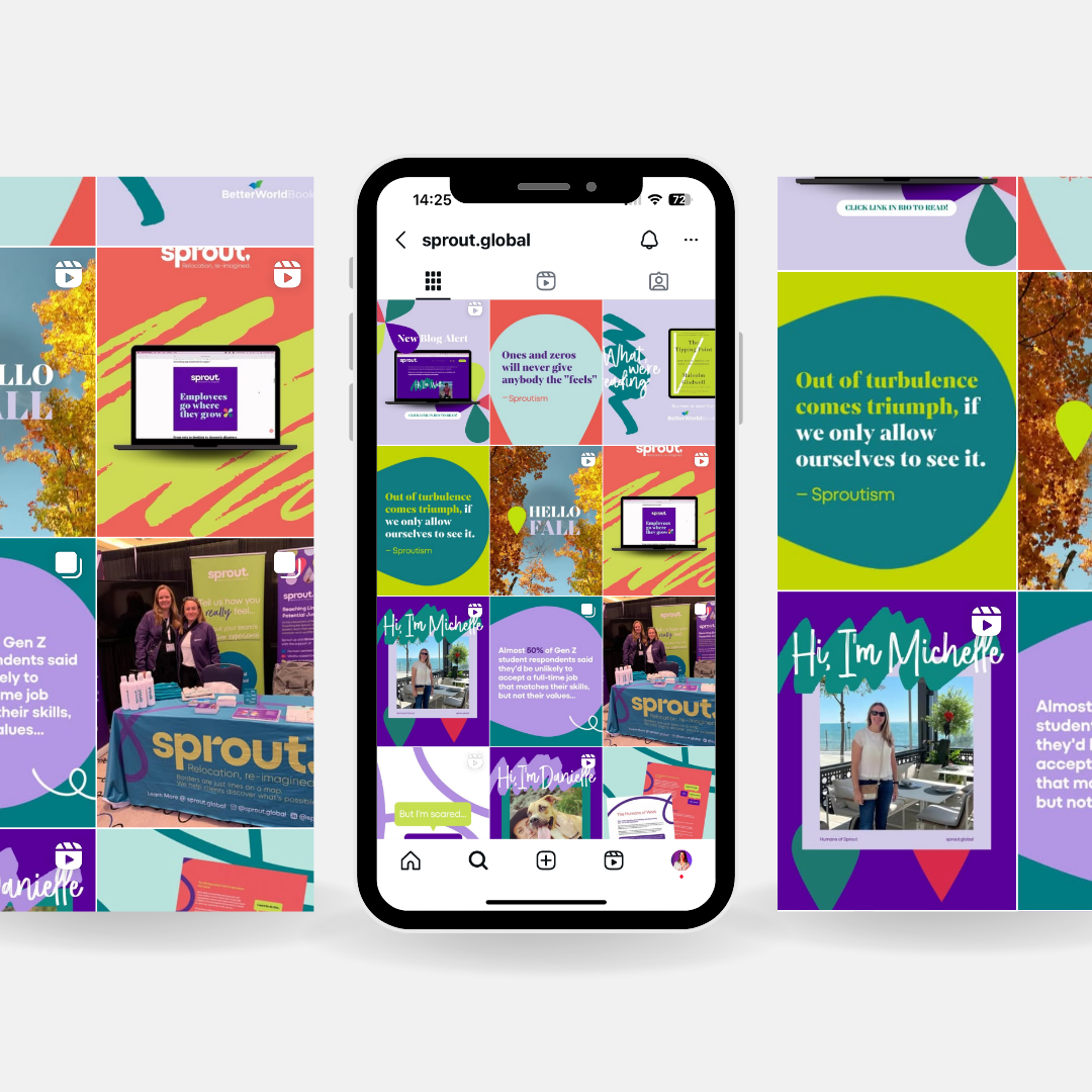 Screenshot of an Instagram profile page for sprout.global, featuring a grid of colorful social media posts. The posts include quotes, images of people at events, and promotional graphics, with vibrant backgrounds and varied text overlays.
