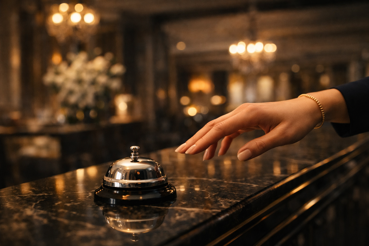 Une main féminine avec un bracelet doré appuie sur une sonnette en métal sur un comptoir en marbre dans un environnement luxueux.