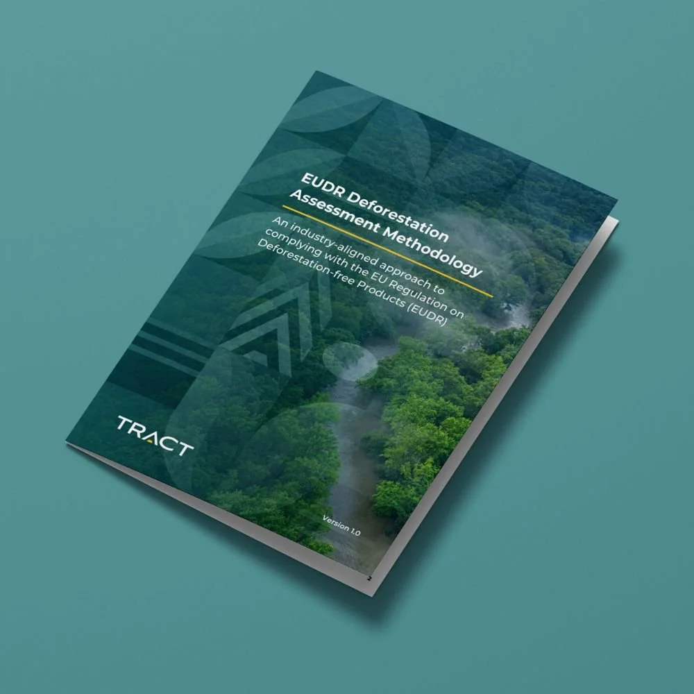 Cover page of a report titled 'EUDR Deforestation Assessment Methodology' with a nature-themed background of dense green forest and river.
