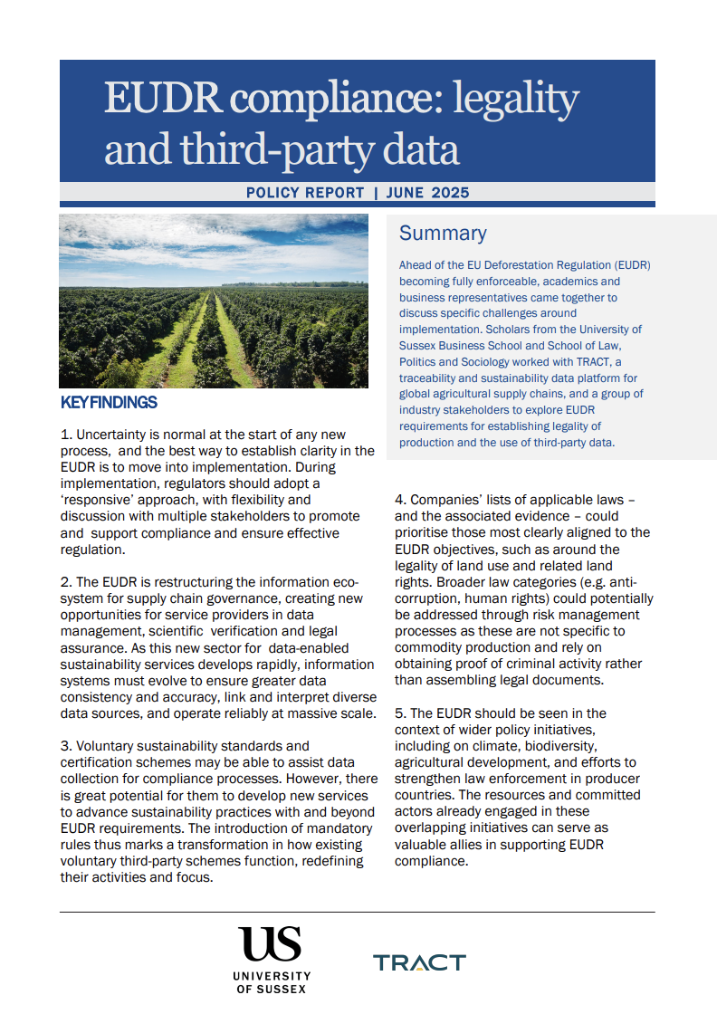 Cover page of a policy report titled 'EUDR compliance: legality and third-party data', June 2025, with a large image of a vineyard and a summary section describing the report's focus on the EU Deforestation Regulation and related sustainability standards.