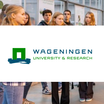Group of young students standing indoors in front of a Wageningen University & Research logo.