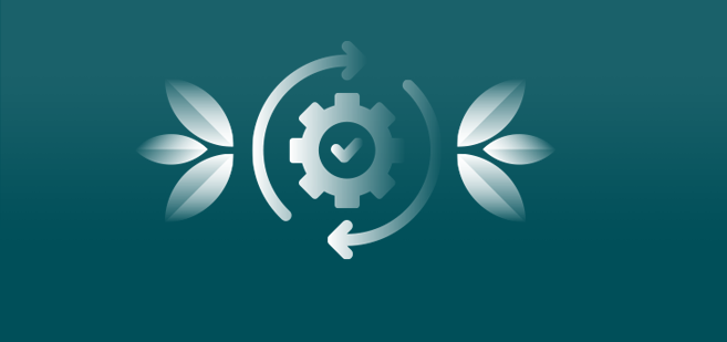 Illustration of a gear with a checkmark inside, surrounded by arrows and leaves, symbolizing eco-friendly process or sustainable technology.