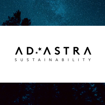 Night sky with stars above trees, with the logo 'AD+ASTRA SUSTAINABILITY' in the center.