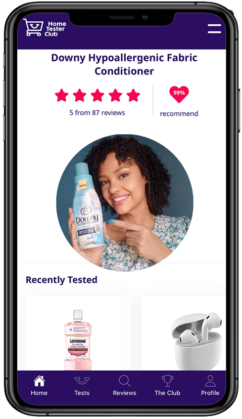 Mobile phone screen displaying an online product review page for Downy Hypoallergenic Fabric Conditioner, featuring a smiling woman holding the product, with star ratings and a recommended percentage, and smaller images of other tested products below.