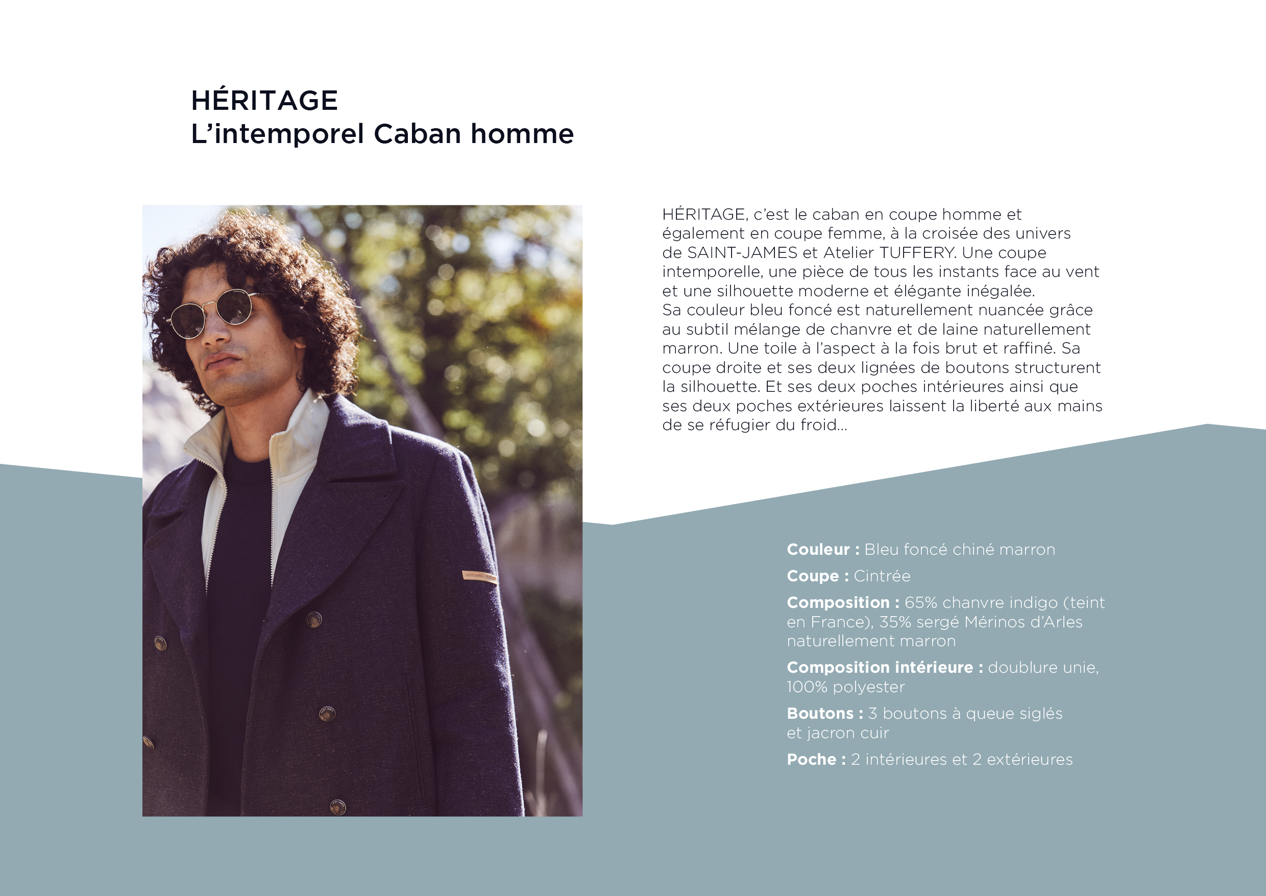 Caban Héritage homme en laine Mérinos - SAINT JAMES x Atelier Tuffery  (INDIGO/CHANVRE)