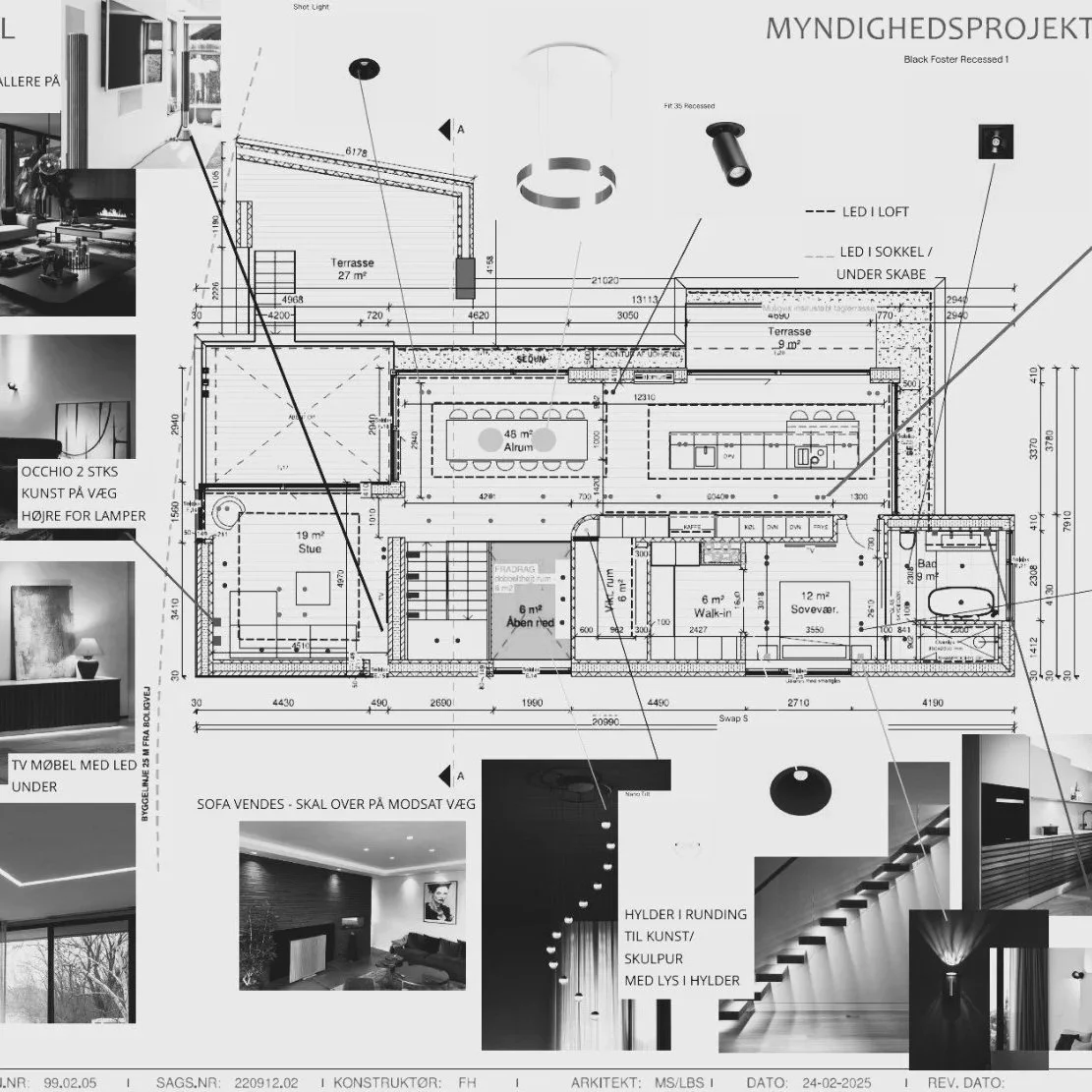 Tegning af et hus' planlægningsdesign med værelser, stuer, terrasse og belysning, inklusive fotos af interiørdetaljer og lamper.