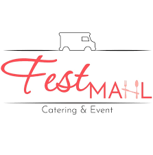 Logo für 'Fest Mahl Catering & Event' mit einem Geschirrwagen und dem Text in Rot und Schwarz.