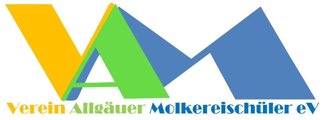 Das Bild zeigt das Logo des Vereins Allgäuer Molkereischüler eV, bestehend aus stilisierten Bergen in Gelb, Grün und Blau sowie dem Vereinsnamen in den gleichen Farben darunter.