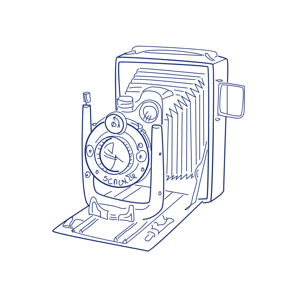 blue graphic illustration of a 4x5 antique camera