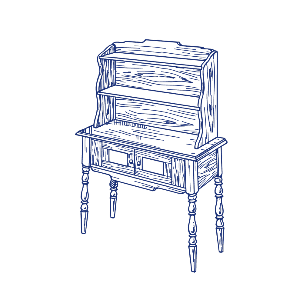 blue illustration of an antique desk 