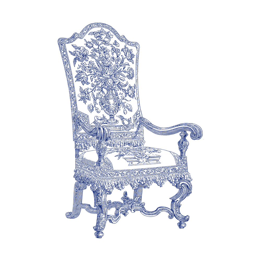 blue illustration of an antique victorian style chair