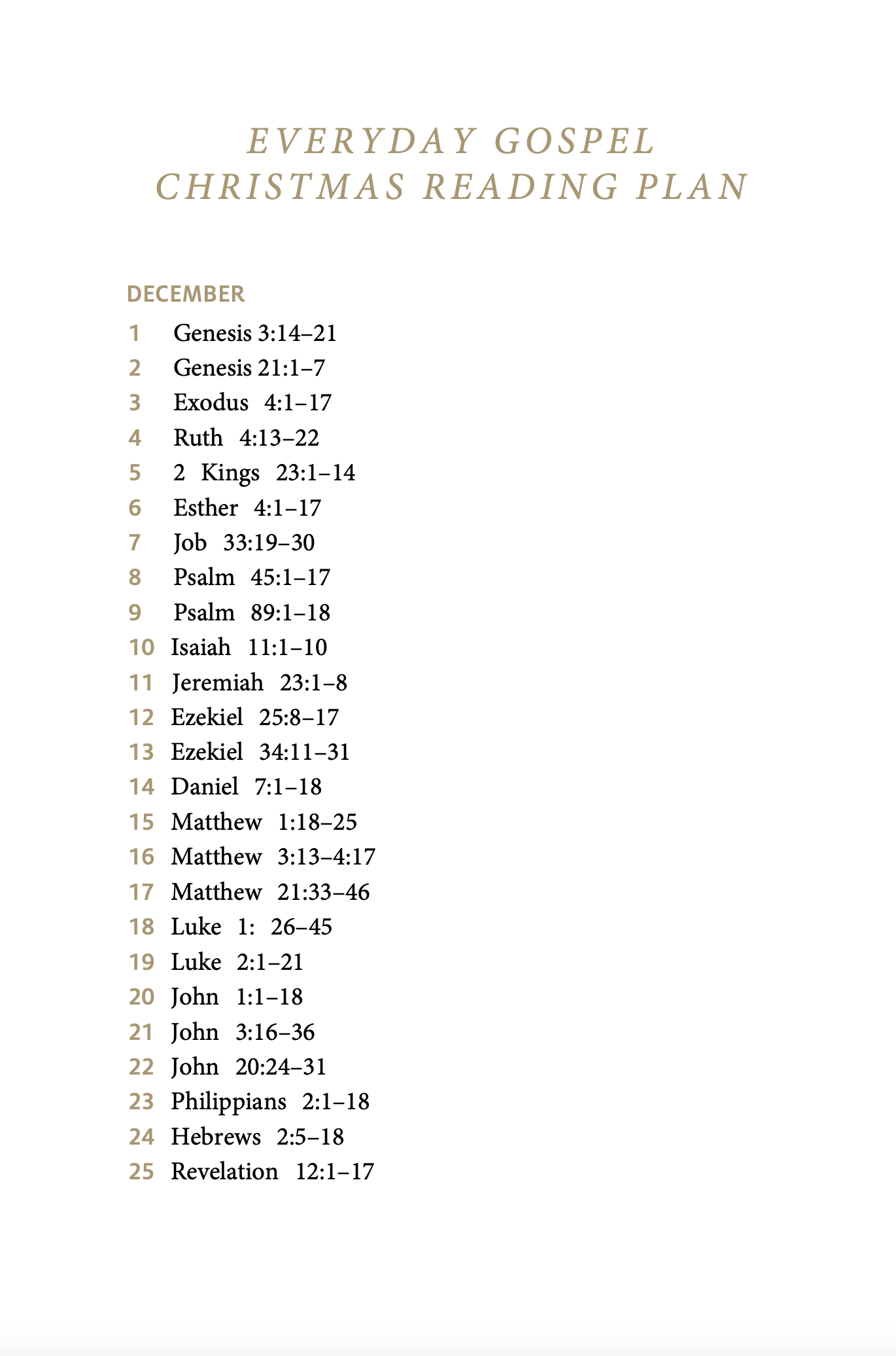 Christmas reading plan with daily Bible passages for December, titled 'Everyday Gospel Christmas Reading Plan.' Includes various books and chapters like Genesis, Exodus, Matthew, John, and Revelation.