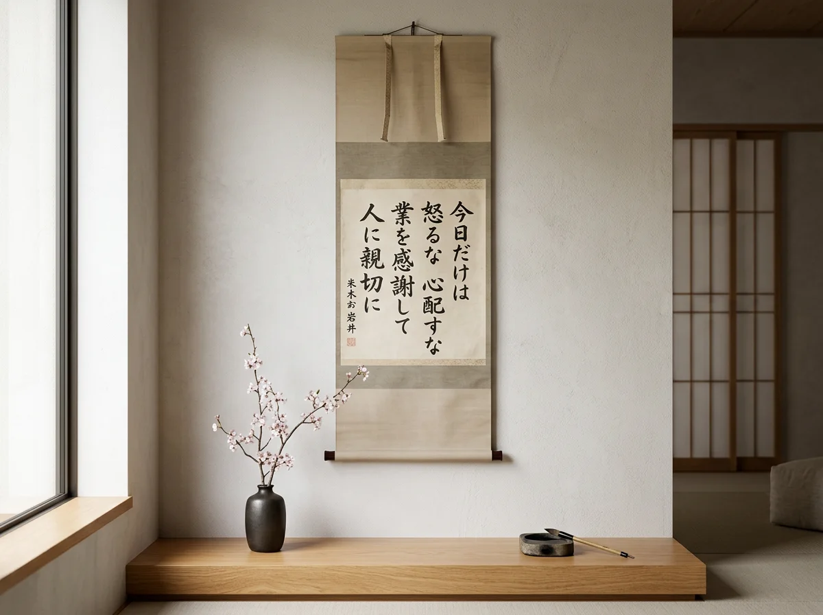 A Japanese-style room with a hanging scroll on the wall that has Japanese calligraphy, a black vase with cherry blossom branches on a wooden shelf, and an ink stone with a calligraphy brush.