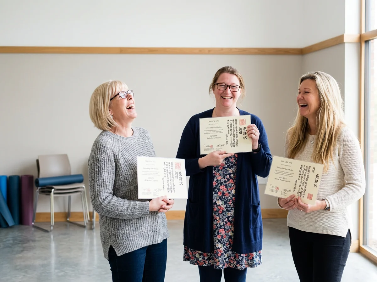 Three women smiling and laughing while holding The Happy mind studio Reiki certificates in a room with large windows and yoga mats stacked in the background.