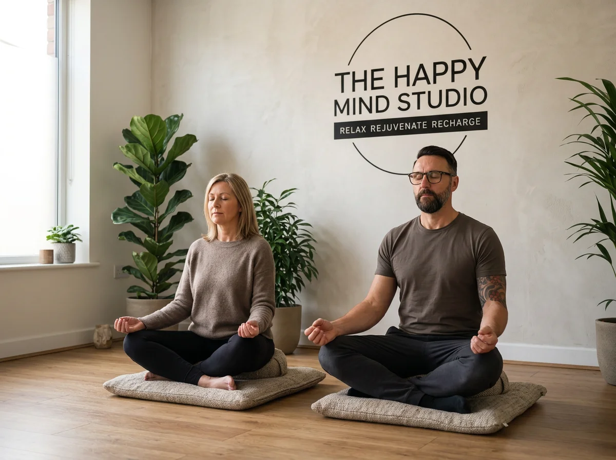 Two people practicing meditation at The Happy Mind Studio with plants and a sign on the wall that reads 'The Happy Mind Studio: Relax Rejuvenate Recharge.'