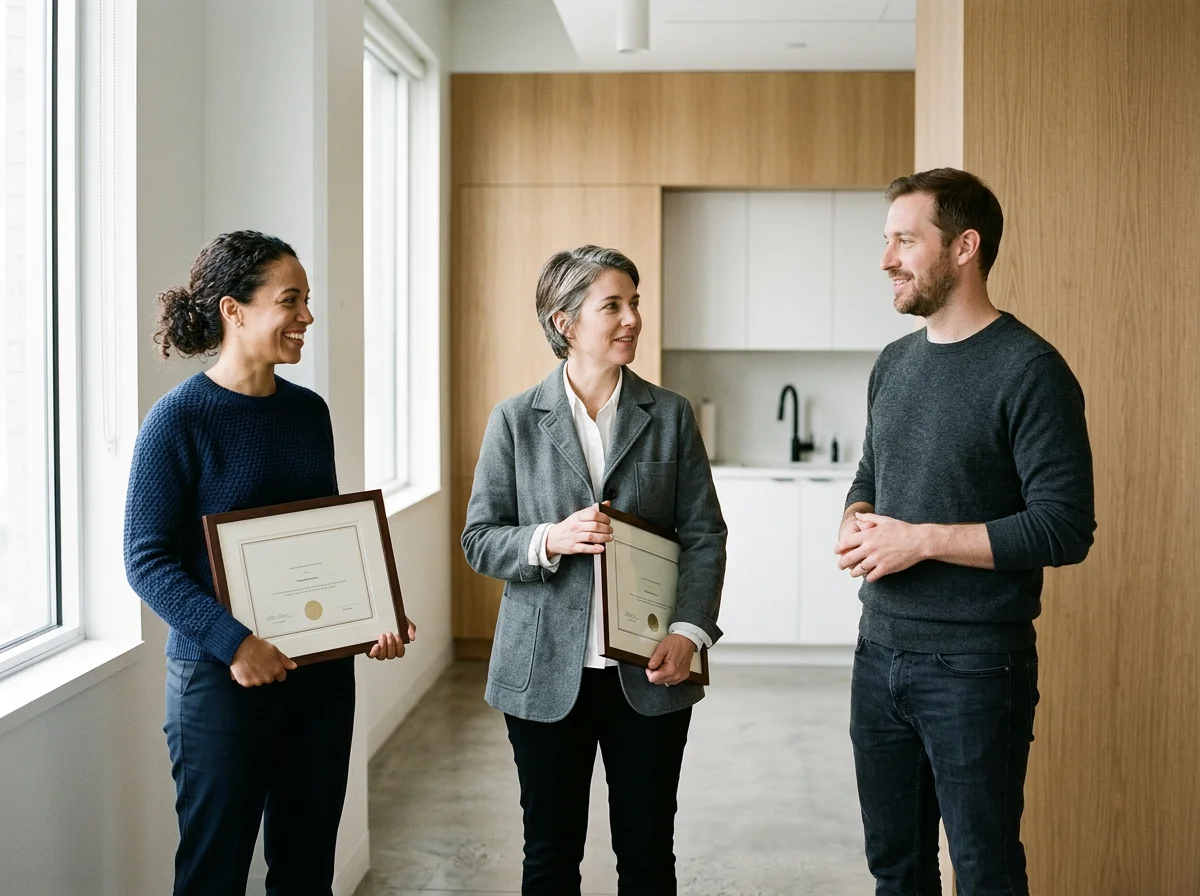 Two women and one man engaged in conversation in an office, with the women holding framed Reiki certificates.