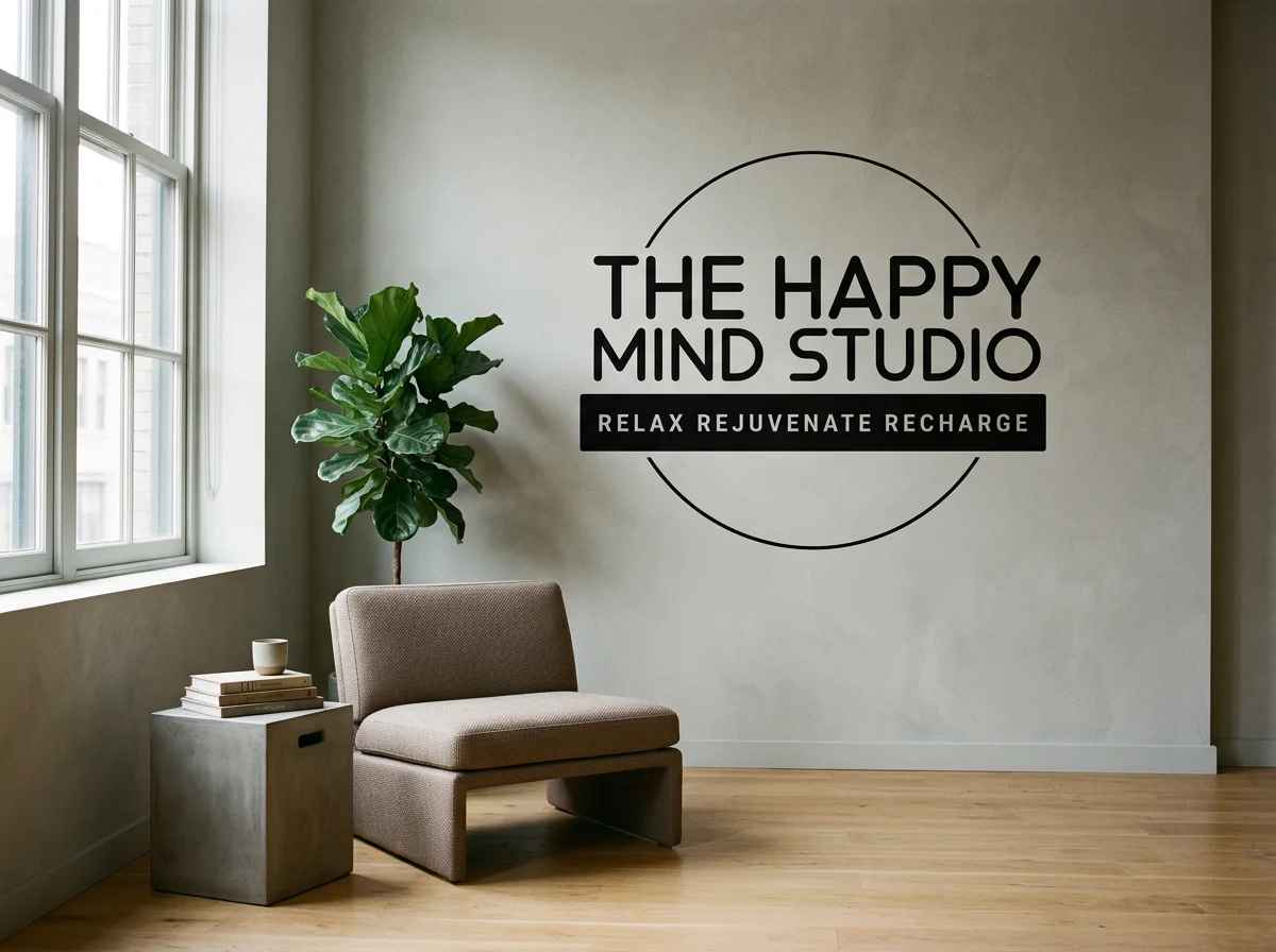 Interior of a wellness or therapy space with a beige chair, a small side table with a cup and books, a large green houseplant, and a wall sign that reads 'The Happy Mind Studio - Relax Rejuvenate Recharge'.