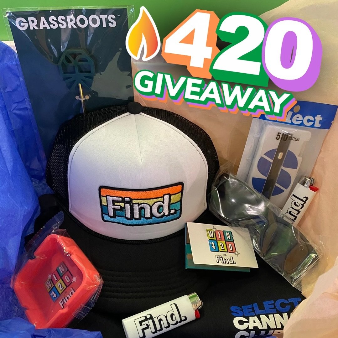 HAPPY 420! 🌿🍃💨 We&rsquo;re celebrating with an awesome giveaway bundle including all the tools you need from some of our favorite partners 💚
.
Giveaway includes: 
Find trucker cap
Large tee shirt
Select 510 battery
2 lighters
Select sun glasses 
