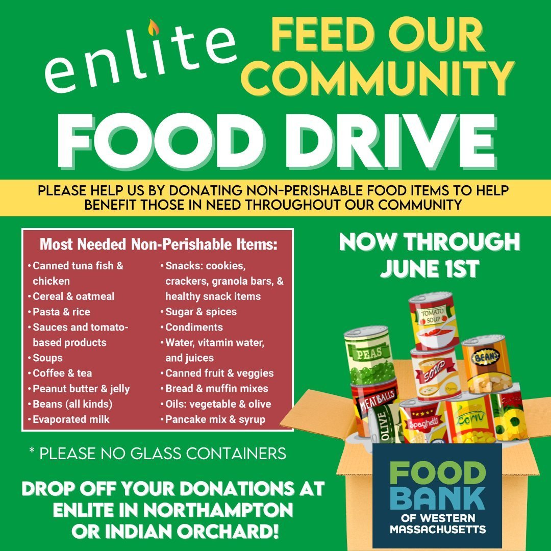 Together, we can tackle food insecurity. 🤝 Stop by Enlite in #Northampton or #IndianOrchard to contribute to our food drive through June 1st. Your donations are the key to providing meals to those in need through @foodbankwma 
#TogetherForChange #Co