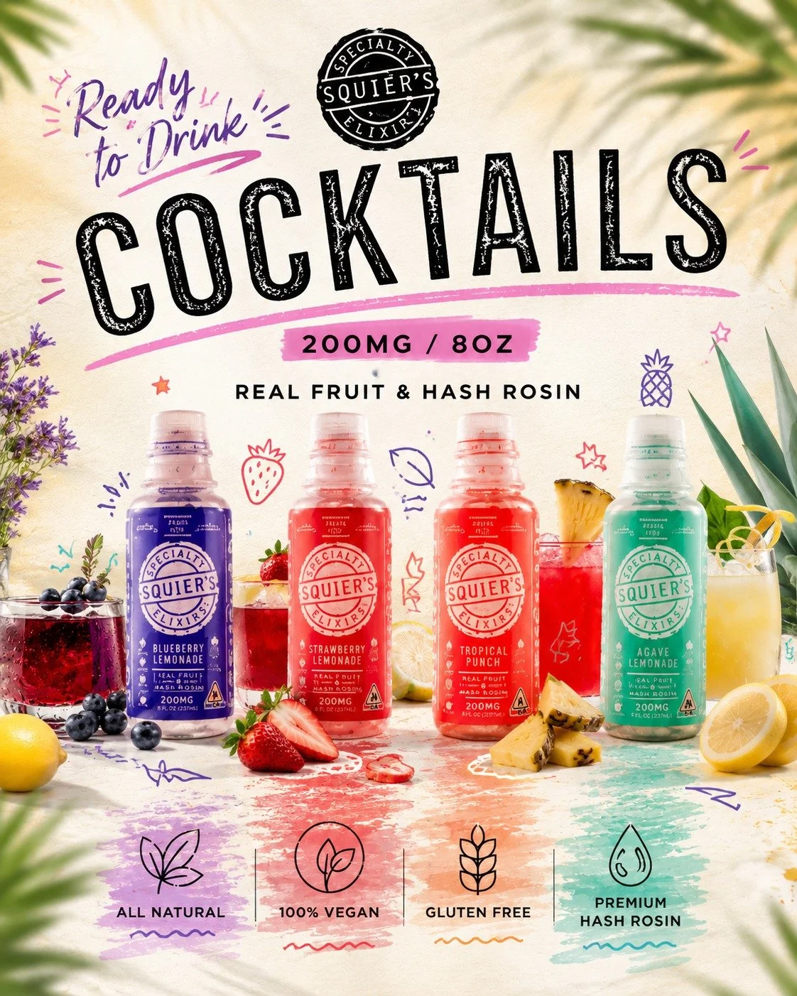 Summer energy in a bottle ☀️🍓🍋

Squier&rsquo;s Specialty Elixirs are bringing the real fruit flavors, hash rosin infusion, and seriously colorful lineup 👀

Blueberry Lemonade, Strawberry Lemonade, Tropical Punch &amp; Agave Lemonade - which one wi