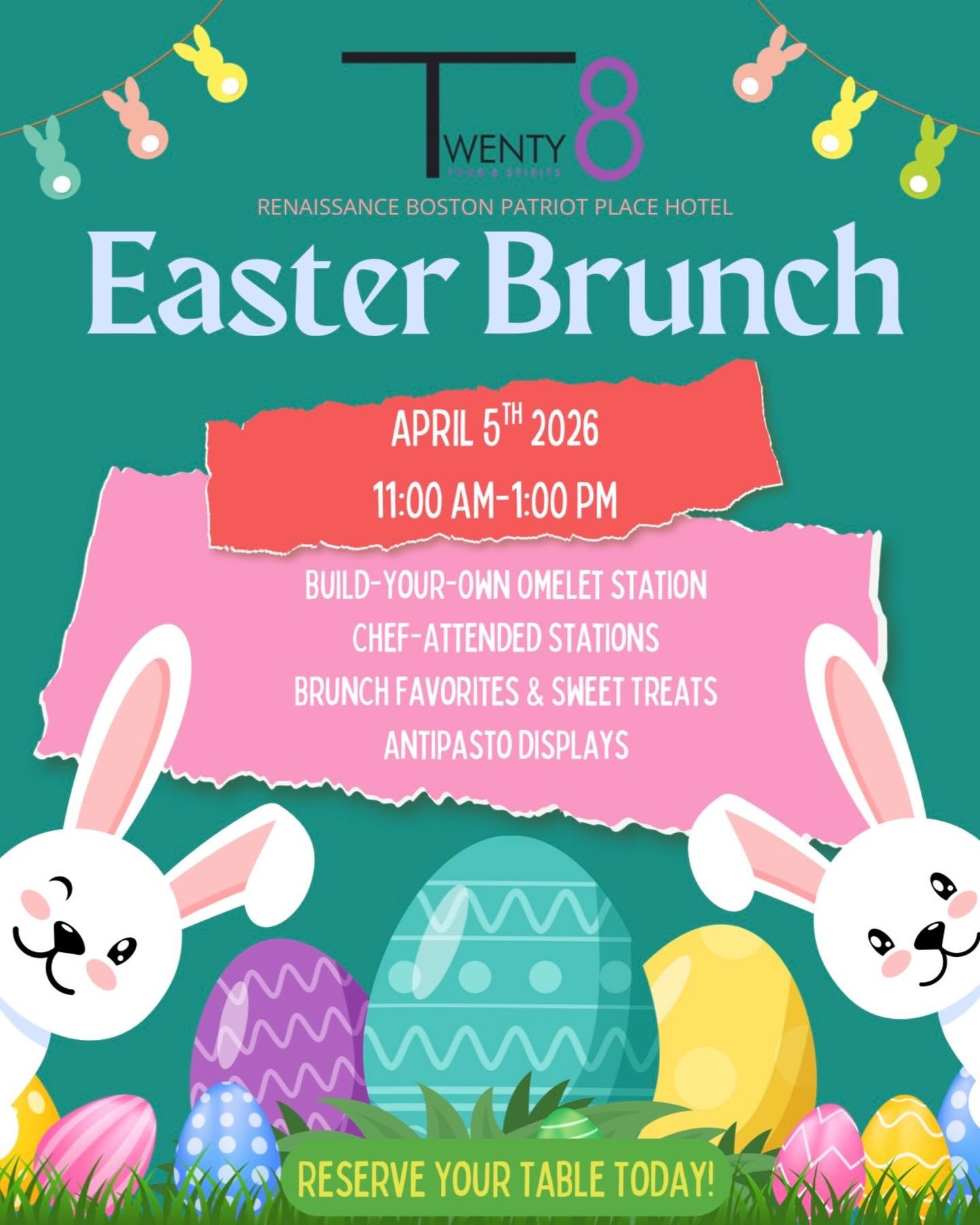 Celebrate Easter in style at the Twenty8 🌷🐣

Join us at the Renaissance Patriot Place Hotel for a festive Easter Brunch. 
📅 Sunday, April 5th
⏰ Seating from 11:00AM-1:00PM

Gather your family and friends for a delicious and memorable holiday exper