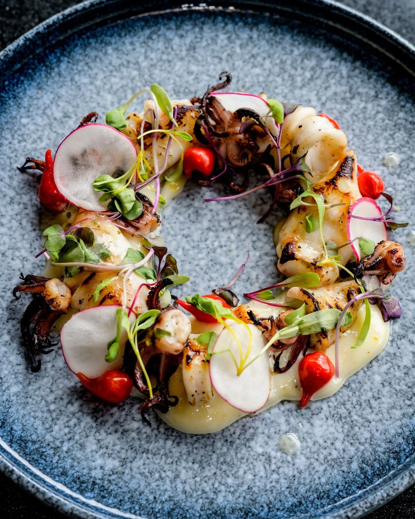 Savor the sophistication of our Grilled Calamari. 

Tender calamari meets a vibrant Yuzu Kosho Aioli, blistered tomatoes, and crispy fried capers. A decadent start to any meal, whether you're gearing up for a game or just enjoying a night out in Patr